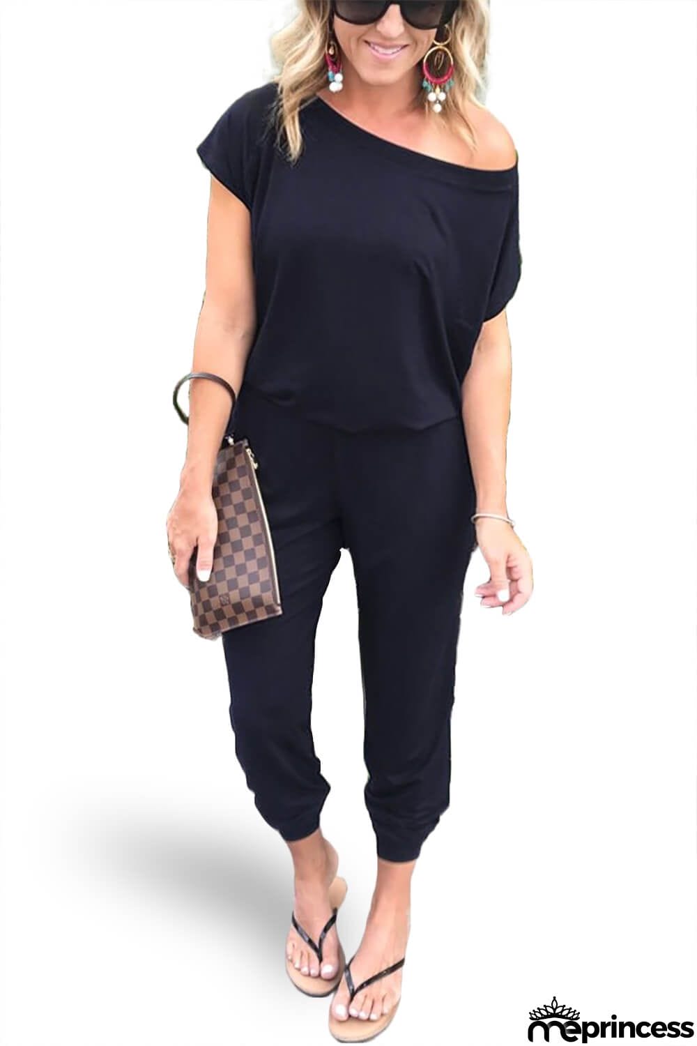 Women's Loose Fit Off Shoulder Jumpsuit Rompers with Pockets