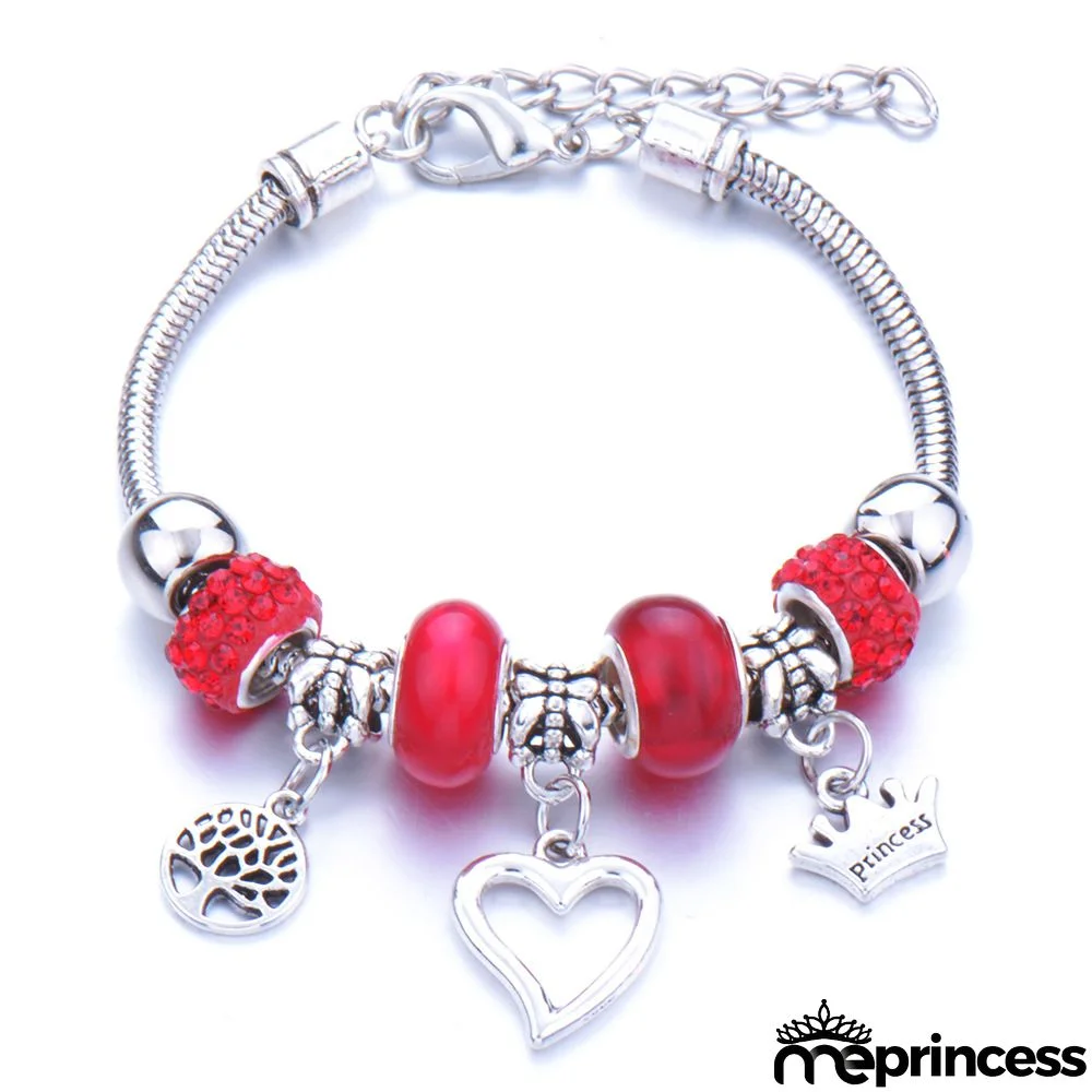 Women Fashion Rhinestone Butterfly Crown Pendant Beaded Bracelet