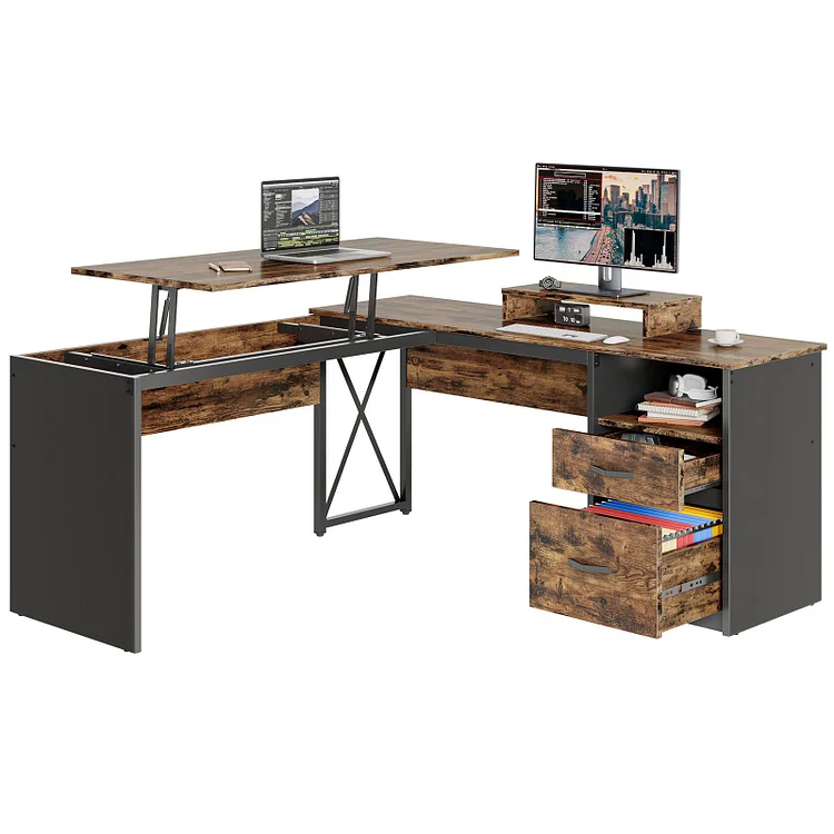 Bestier 55.7 inch L-Shaped Lift Top Desk with Storage
