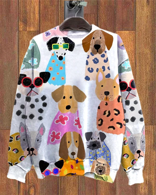 Colorful Cartoon Funny Dog Print Loose Sweatshirt