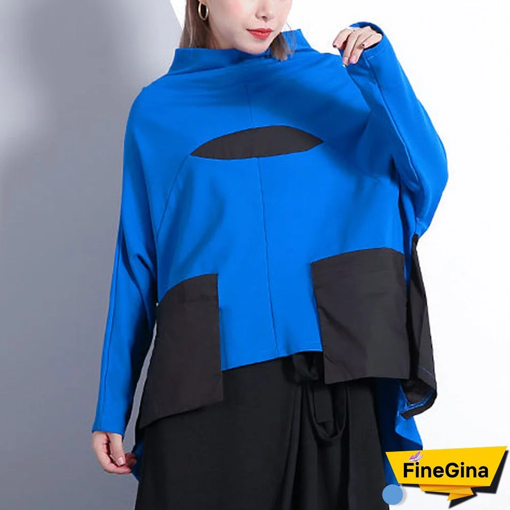 baggy blue cotton blended tops plus size clothing Turtleneck pockets Elegant Batwing Sleeve patchwork cotton blended tops