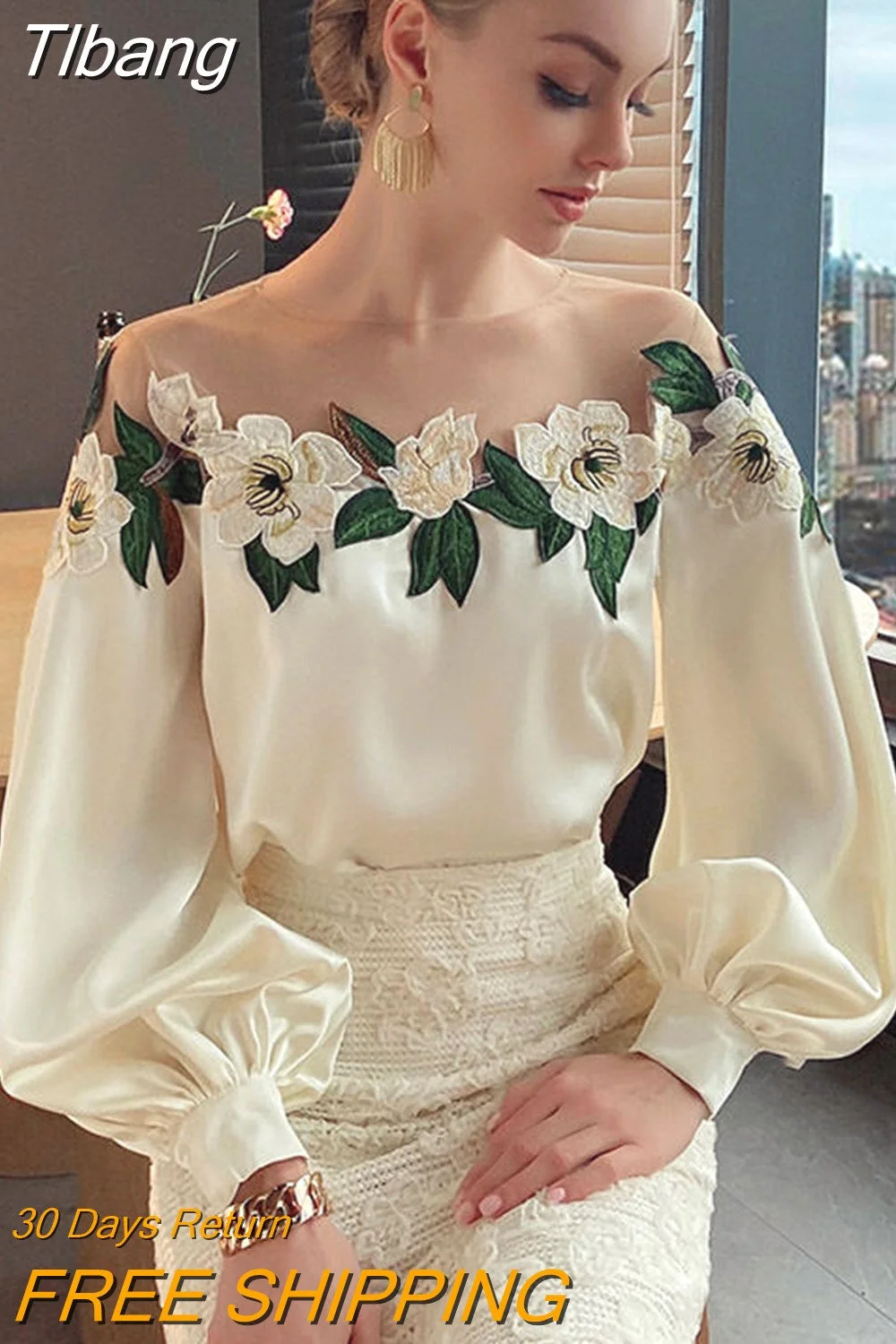 Tlbang Embroidered Flower Blouse Woman Mesh Patchwork Spring Satin Shirt Lady O-neck Tops Long Sleeve Women's Clothes 24976