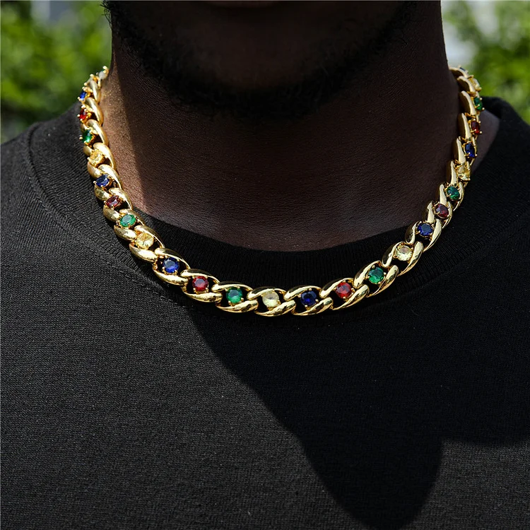 10MM Colorful Stones Cuban Link Iced Out Chain Hip Hop Jewelry-VESSFUL