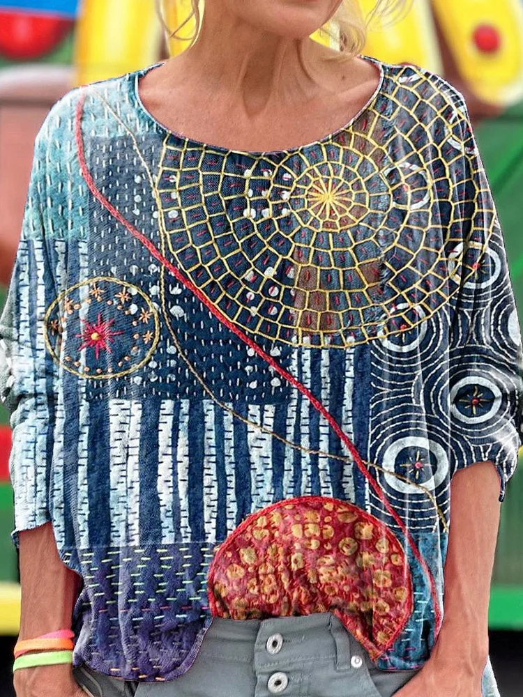 Retro Embroidery Flowers Art Print Casual Long Sleeve T-shirt
