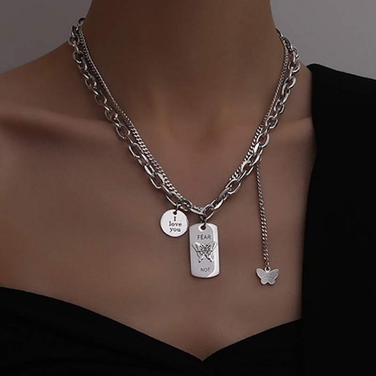 Butterfly Chain Titanium Steel Layered Pendant Necklace - Modakawa Modakawa
