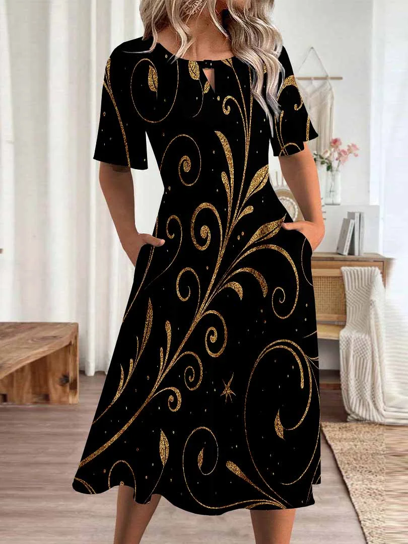 Women Graphic,Black DZHA8339 Short Sleeve Scoop Neck Graphic Printed Hollow Midi Dress