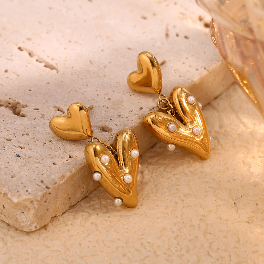 French Design Earrings Stainless Steel 18K Gold Plated Irregular Heart Stitching Pearl Earrings For Women