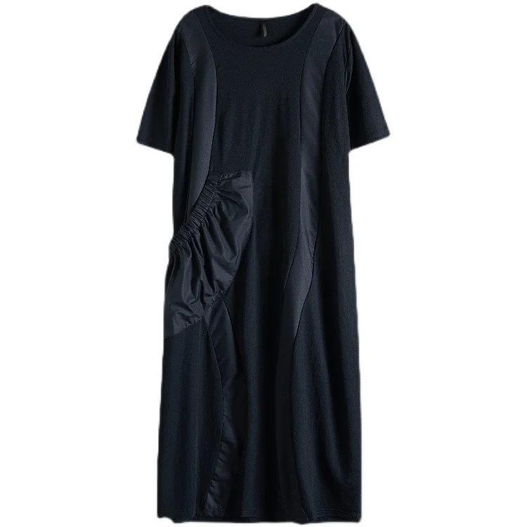 Casual Black Large Pocket Short Sleeve Midi Dress