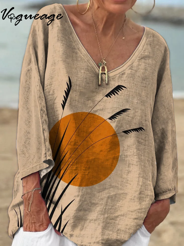 Stylish And Simple Plants Sunset 3/4 Sleeves Printed Cotton And Linen Shirt