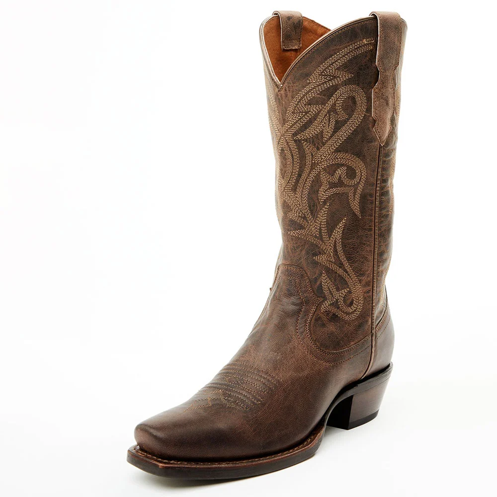 Brown Distressed Square Toe Chunky Heel Embroidered Cowgirl Boots