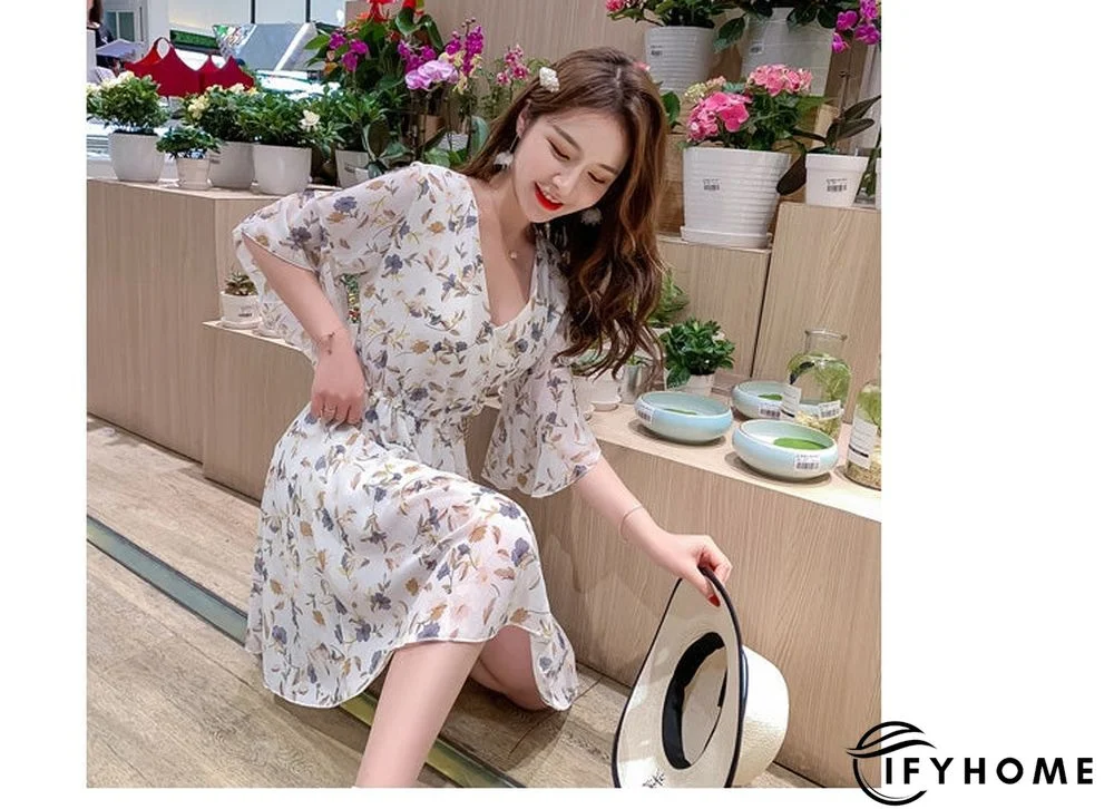 Spring Summer Chiffon Women V-Neck Floral Print Short Dresses Sweet Ruffle Sleeeve Slim Drawstring Ladies Dress | IFYHOME