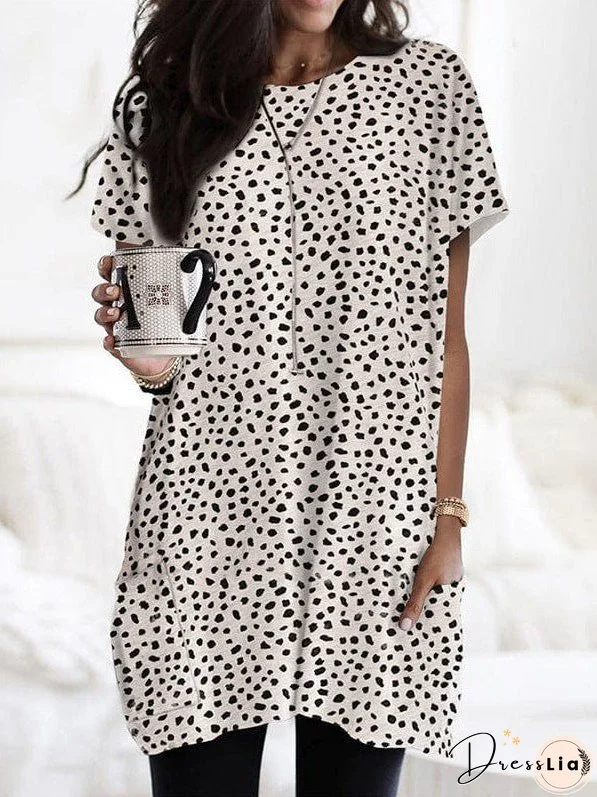 Leopard Pattern Short-Sleeved Chiffon Tee Women'S Loose Fit Pullover Top