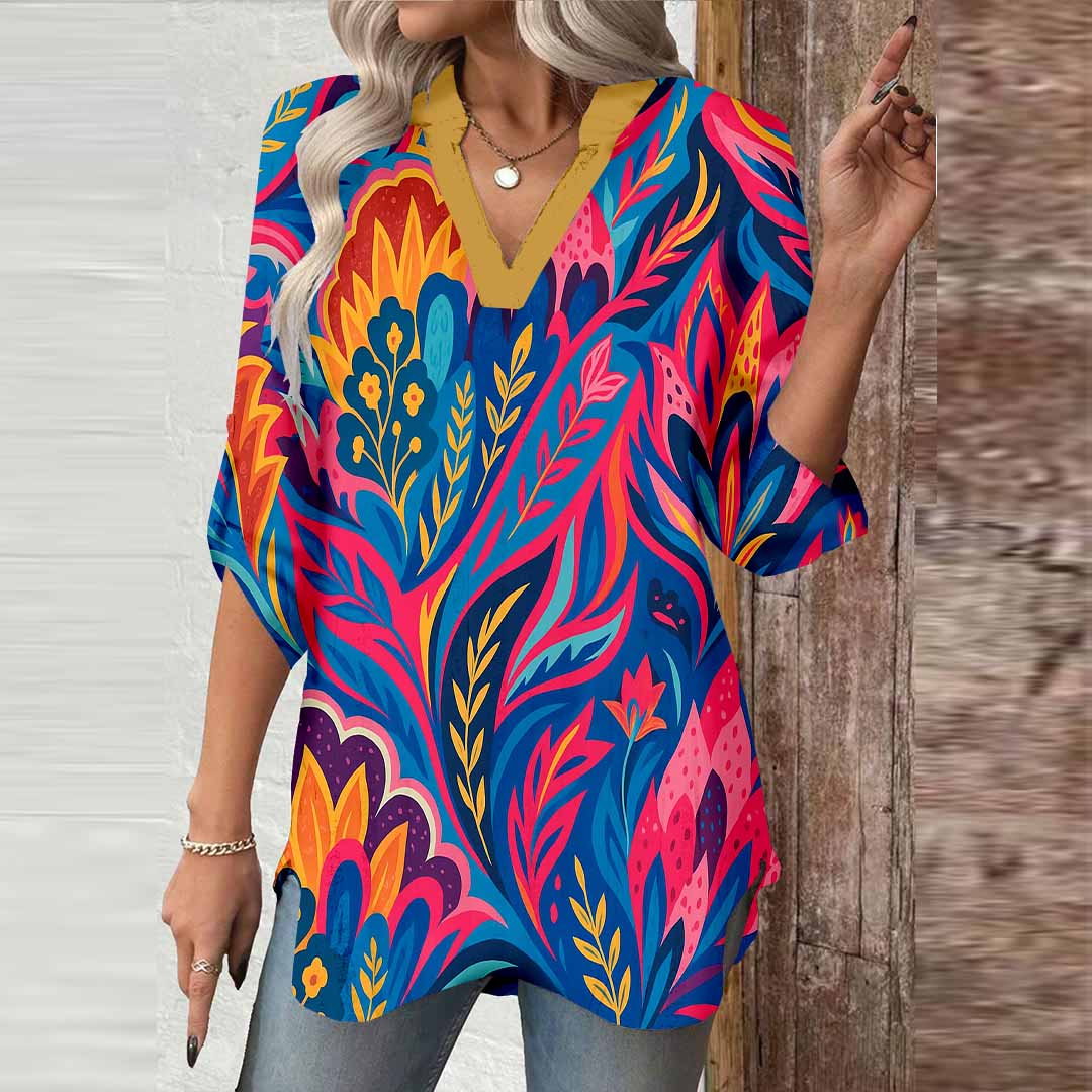 Women Tropical, Red, Blue DZGA0104 3/4 Sleeve V-neck Printed Graphic Button Tops