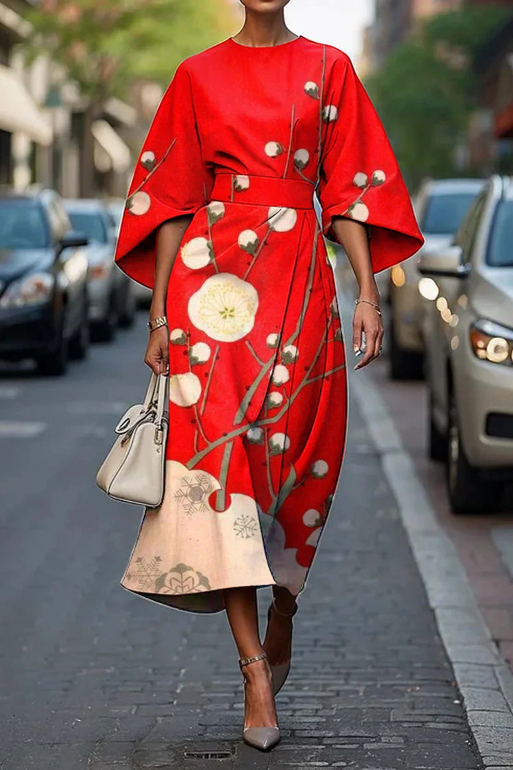 Women's Japanese Plum Art Print Midi Dress