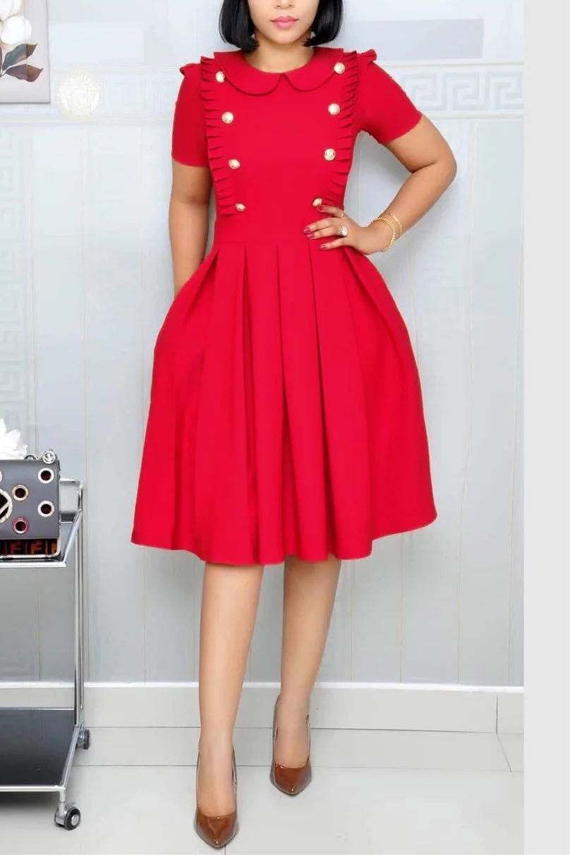 Red Fashion Lotus Leaf Collar Fold OL Wind Short-sleeved Dress | EGEMISS