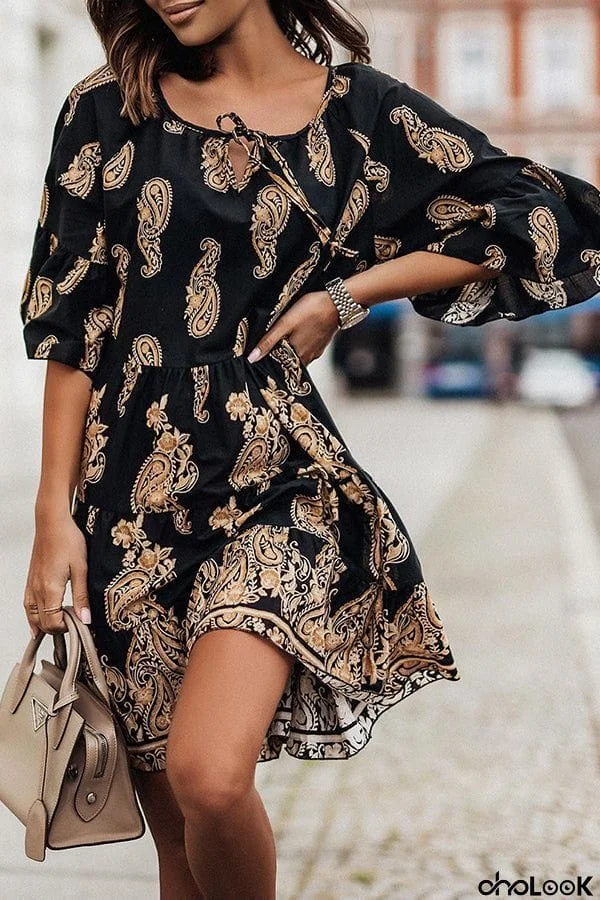 Ethnic Print Tie Mid Sleeve Mini Dress