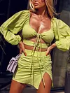 Sexy Bandeau Hollow Bandage Long Sleeves Shirts+ Split-Side Pleated Skirt Two Pieces Set