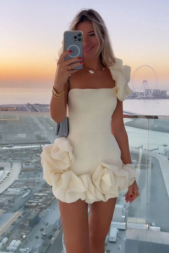 Lvs&Broner White One shoulder Sleeveless Short Homecoming Dress With Ruffles