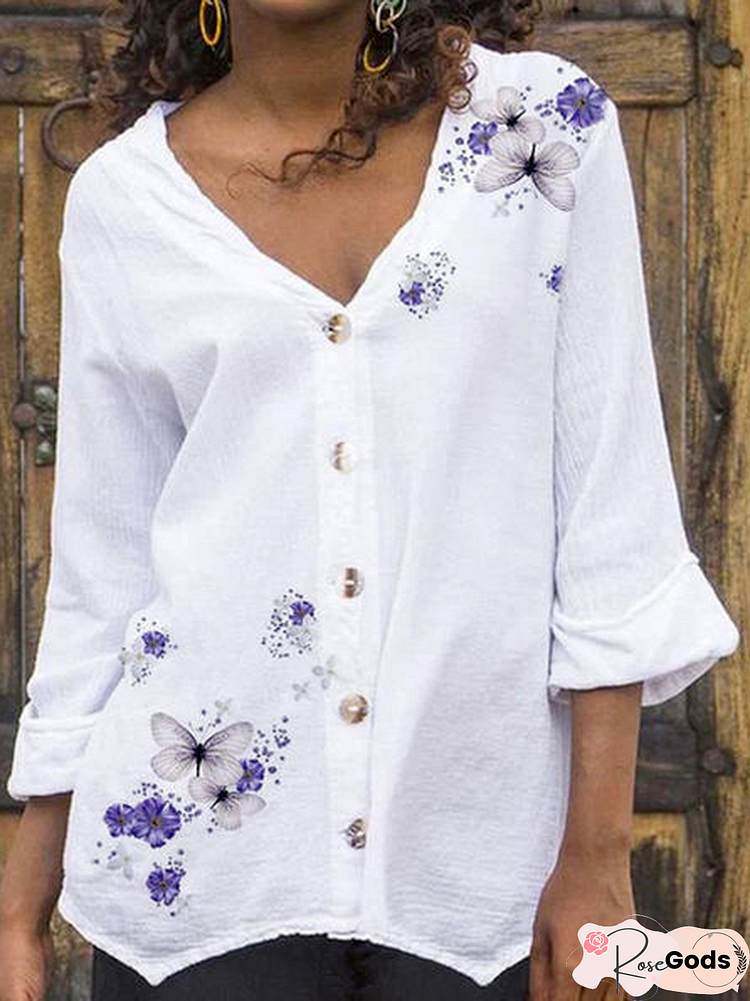 V Neck Cotton Blends Floral Tops