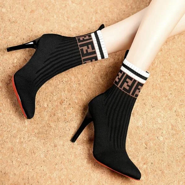 2021 Autumn Knitting Women's Boots Winter Shoes for Women Fashion High Heels Booties Woman Thin Heels Ankle Boots Martin Boots