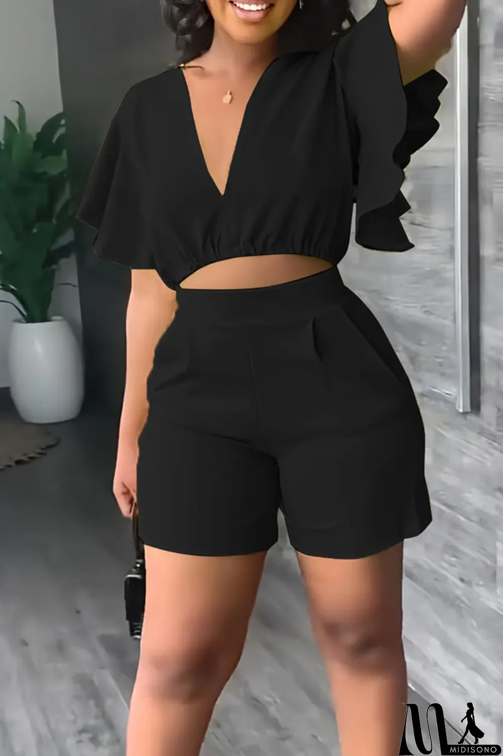 MidiSono - Yellow Casual Solid Patchwork Flounce V Neck Short Sleeve Two Pieces