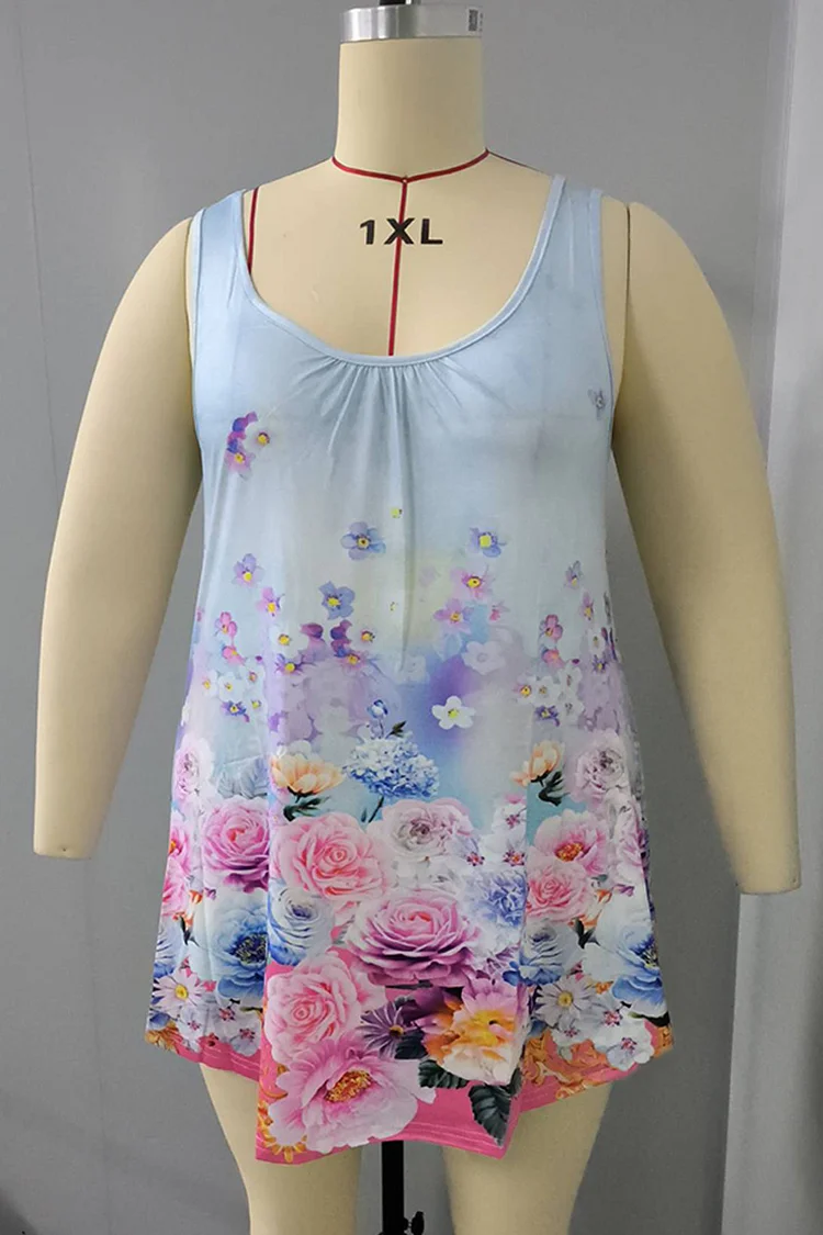 Plus Size Round Neck Floral Print Casual Tank Top  Flycurvy [product_label]