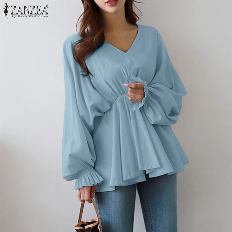 ZANZEA 2022 Stylish Puff Sleeve Tops Women's High Waist Blouses Casual V Neck Ruffle Blusas Female Solid Tunic
