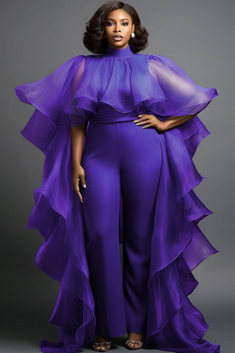 Design Plus Size Formal Elegant Purple Spring Summer Mock Neck Cape Sleeve Half Sleeve Ruffle Flounce Jumpsuits [Pre-Order]