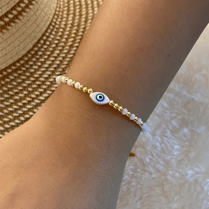 Vintage Style Devil’s Eye Star Heart Shape Stainless Steel Artificial Crystal Shell Beaded Handmade Bracelets