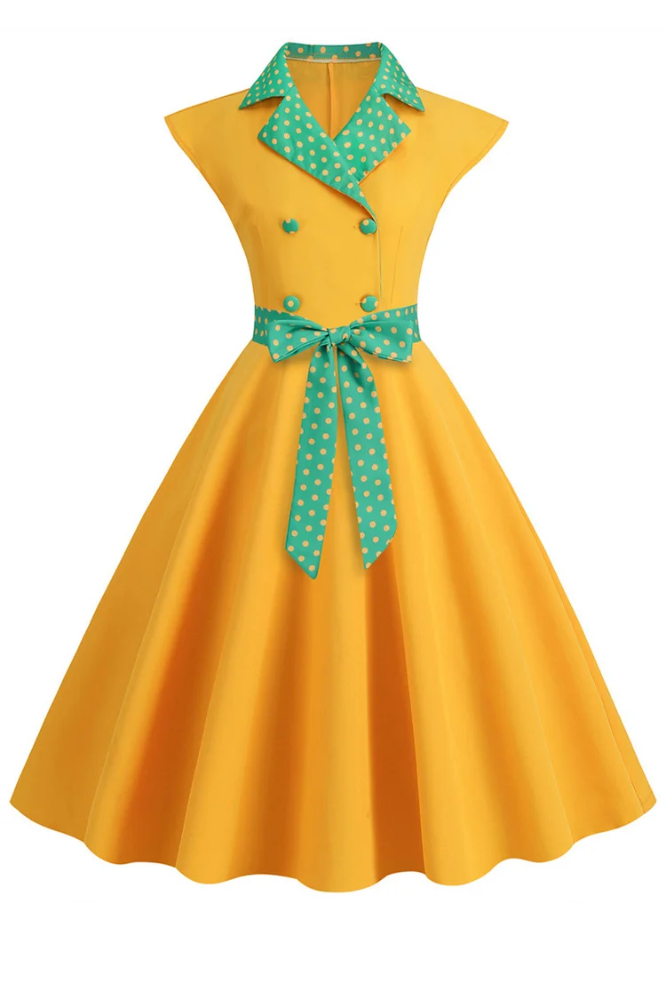 1950s Yellow Formal Lapel Polka Dot Buttons A-line Swing Midi Dress (With Belt)