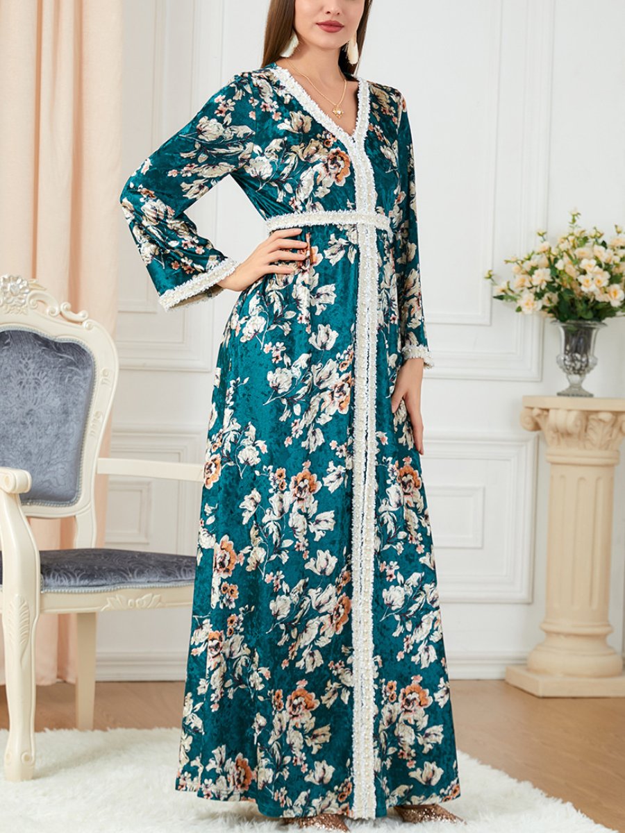 Flowers Printed Pearl Design V Neck Long Sleeve Green Dress | Oxredo Shop Ramadan Sale