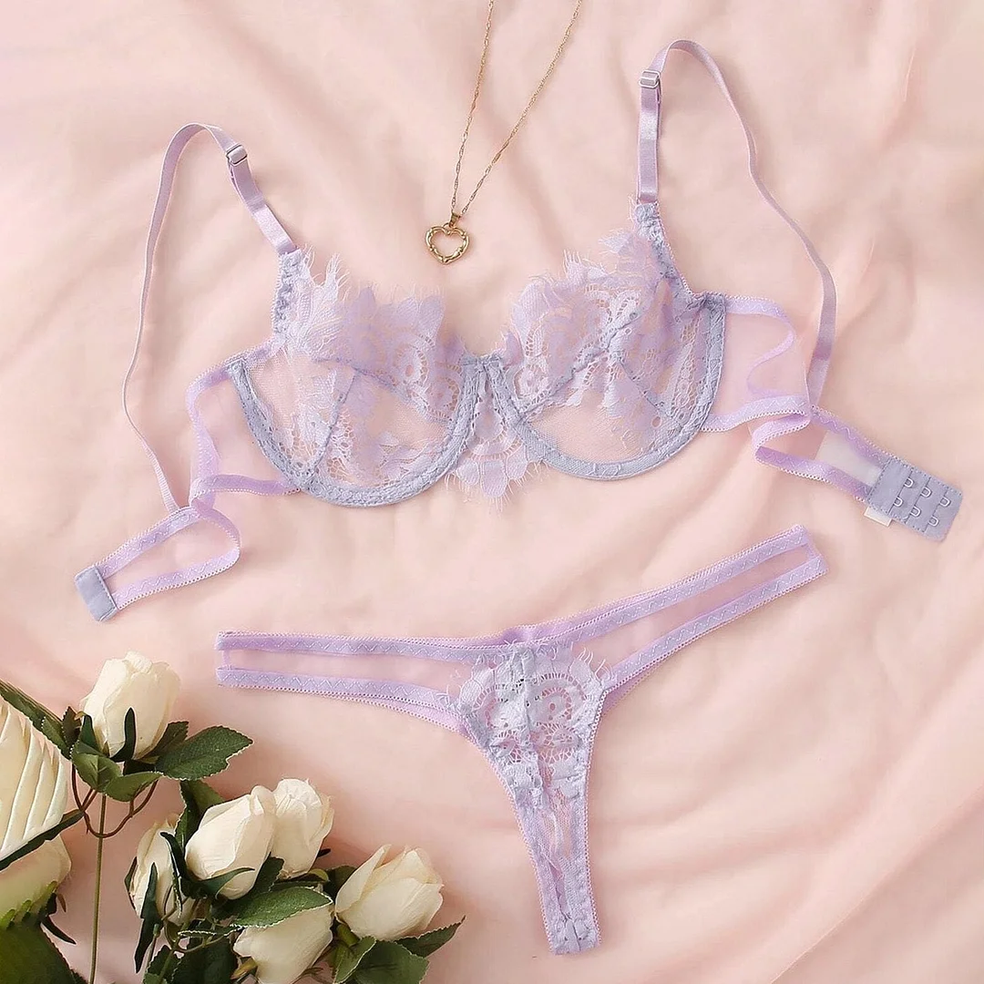 Women's Underwear Sexy Lace Temptation Three Point Lingerie Push Up Bra With Steel Ring Underwear Sets Transparent Bra Thong Set