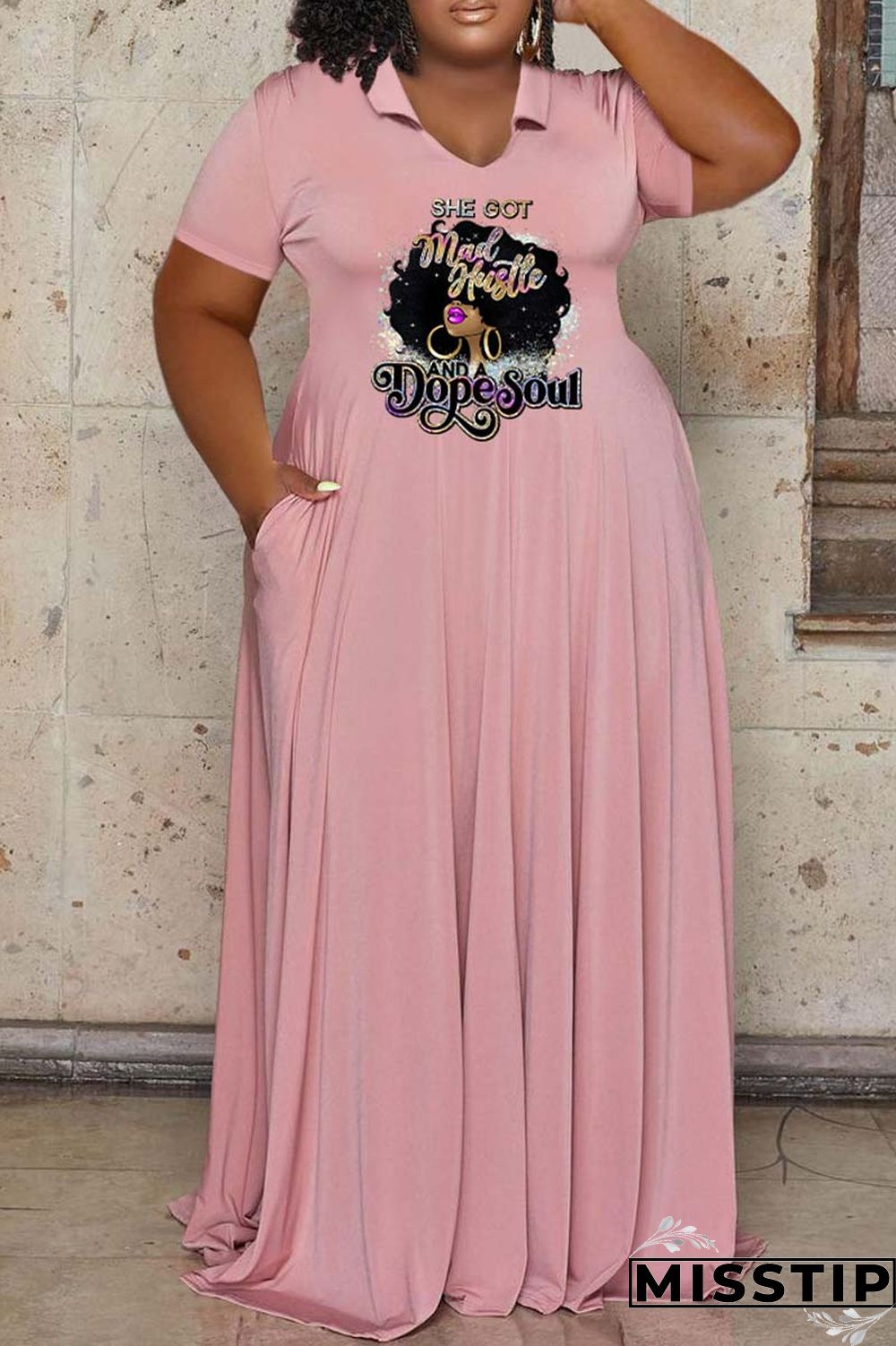 Pink Casual Print Basic O Neck Short Sleeve Dress Plus Size Dresses