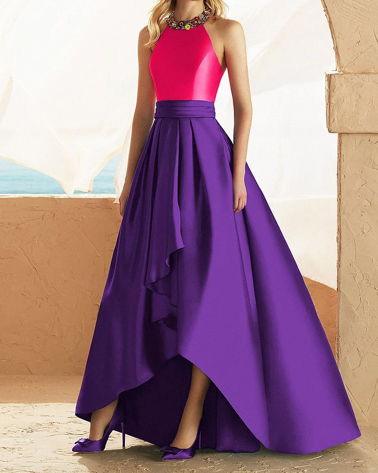 Backless Color-block Women Dress