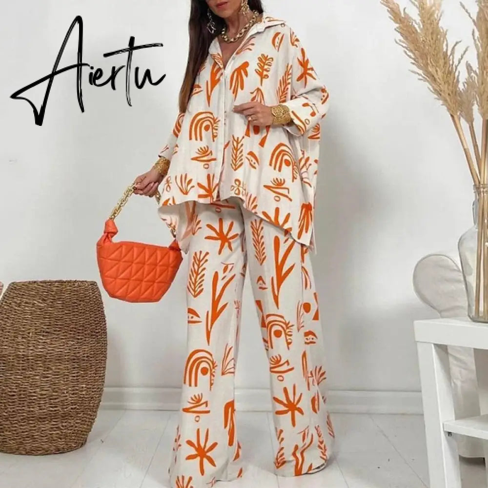 Spring Lapel Long Sleeve Shirt And Wide Leg Pants Suits Casual Graphic Print Loose Two Piece Set Women Irregular Shirts Outfits Aiertu
