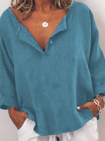 Long Sleeve Solid V Neck Casual Shirts & Tops