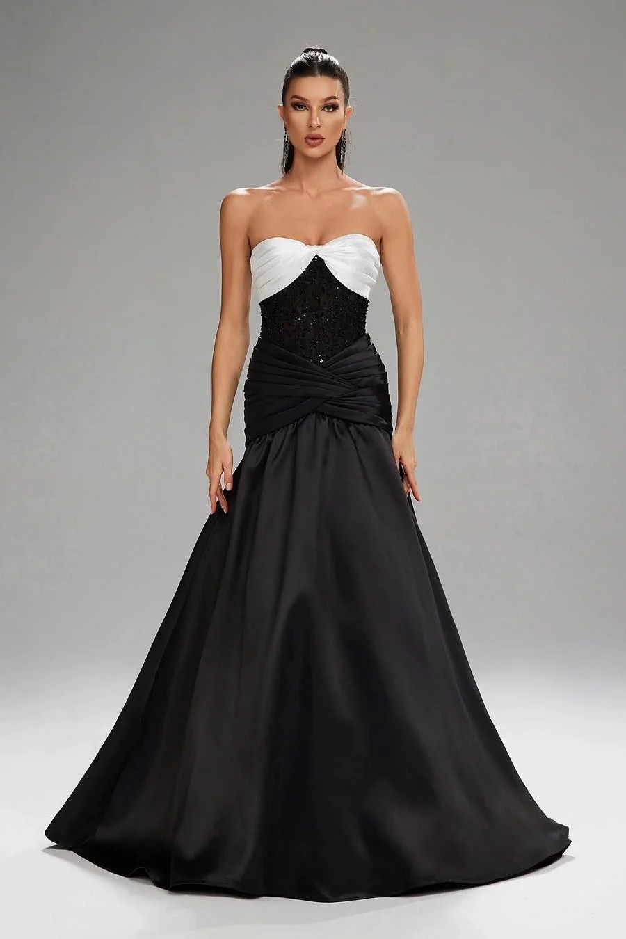 Miabel Stunning Black Satin Strapless Sweetheart Sleeveless Long Prom Dress with Sequins 