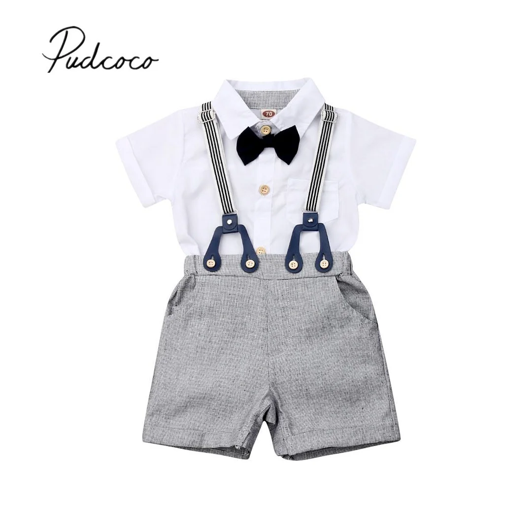2019 Baby Summer Clothing Toddler Kid Baby Boy Gentleman Clothes Short Sleeve Tops Shirts Blouse+ Overall Bib Shorts 2Pcs Outfit