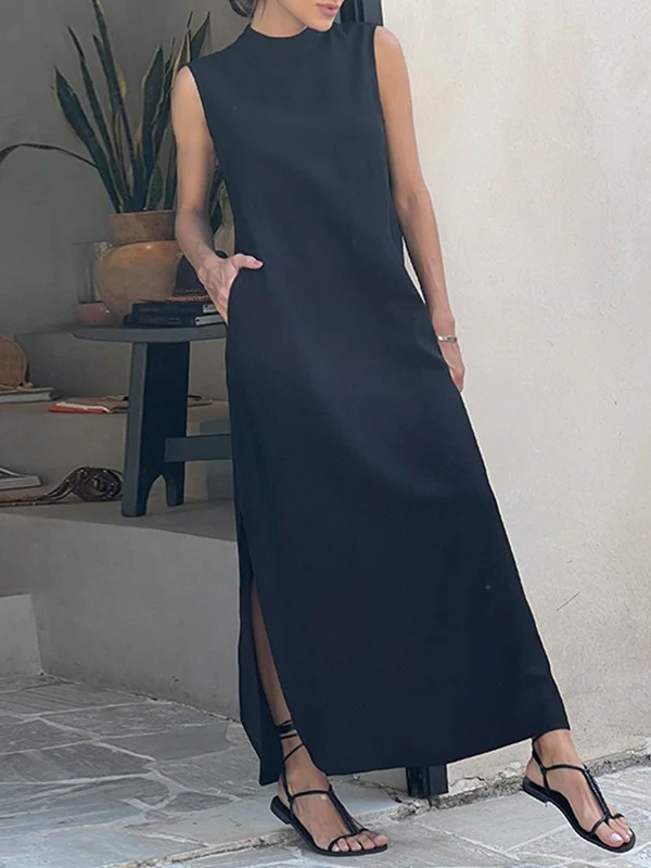 Loose Sleeveless Solid Color Split-Side Mock Neck Maxi Dresses