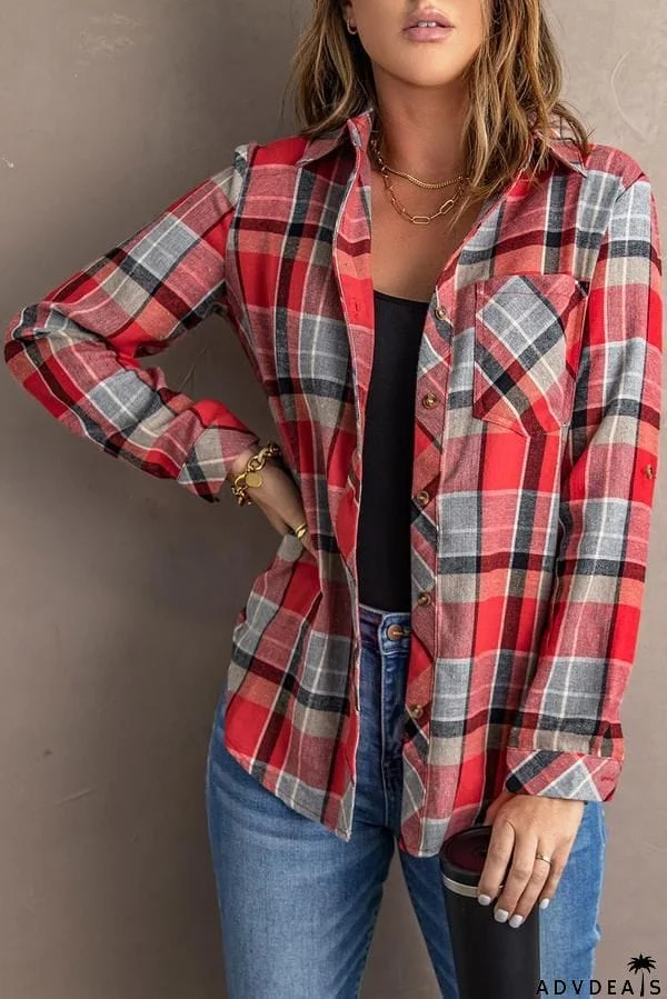 Plaid Button Blouse with Pocket