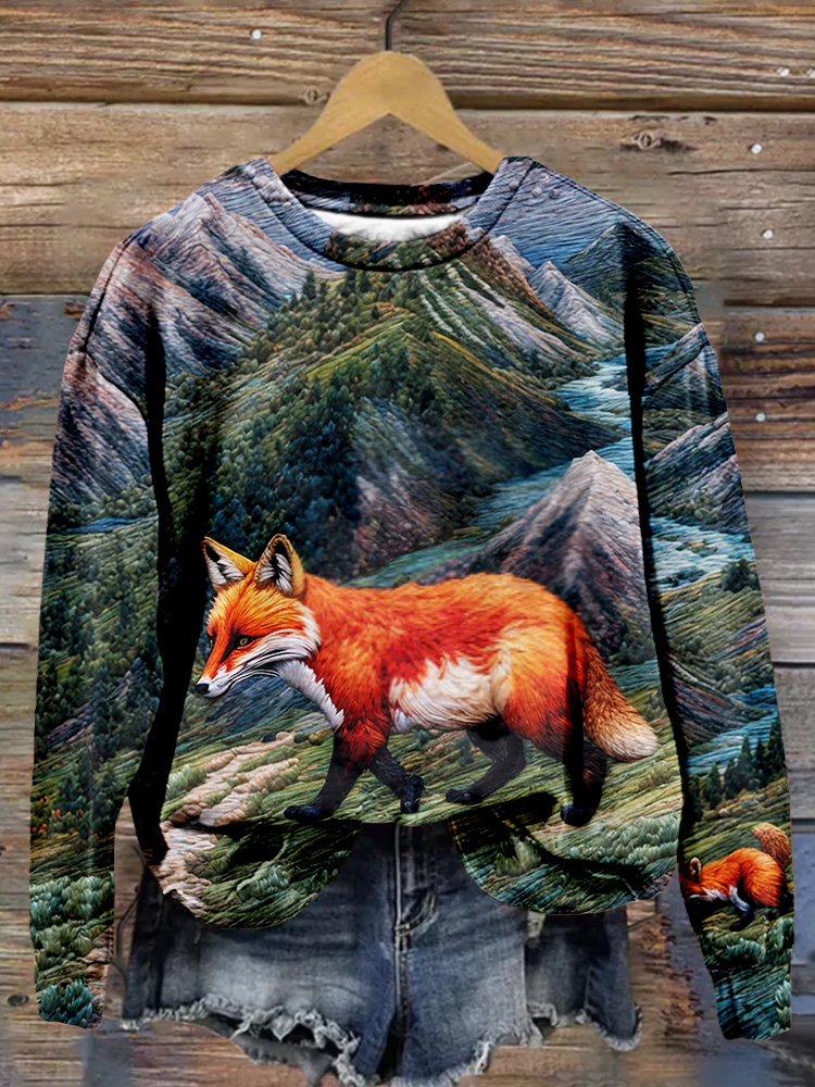 Foxes Embroidery Art Crew Neck Comfy Sweatshirt artswardrobe