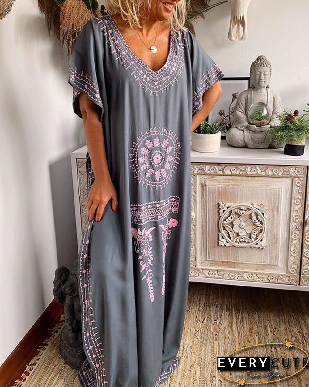 Retro Geometric Pattern Split Hem Loose Maxi Dress P14355