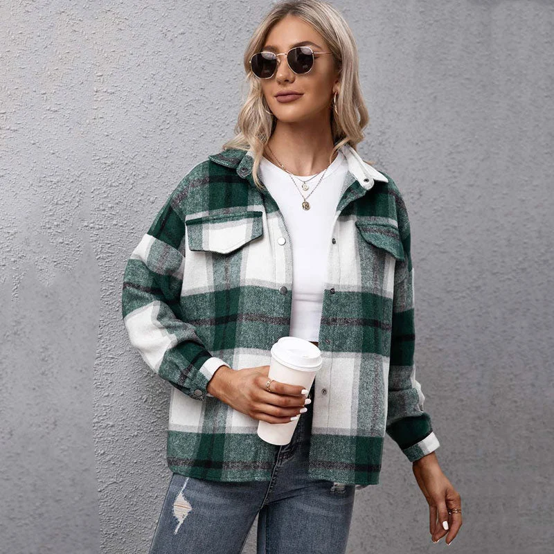 Autumn Plaid Shirts Oversize Checkered Jacket Women Loose Style Outerwear Fashion Streetwear Long Sleeves Thick Shirt Jacket