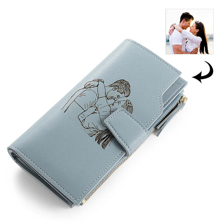 Blue Personalized Leather Wallet Engraved Photo Long Purse Gifts For Women