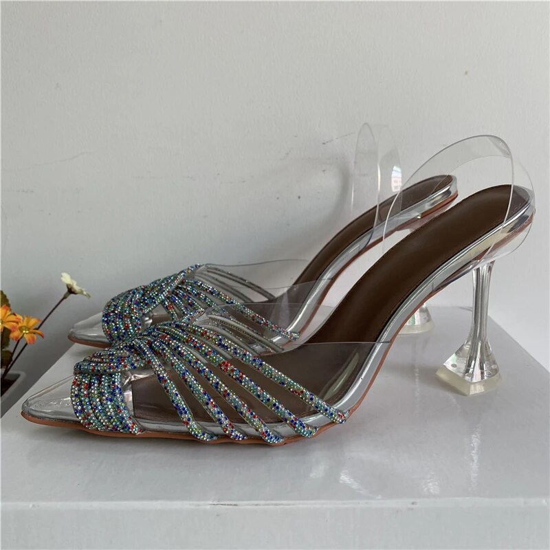 VCSHOES Clear Crystal High Goblet Heel Sandals Women PVC Transparent Pointed Toe Rhinestone Narrow Band Party Shoes