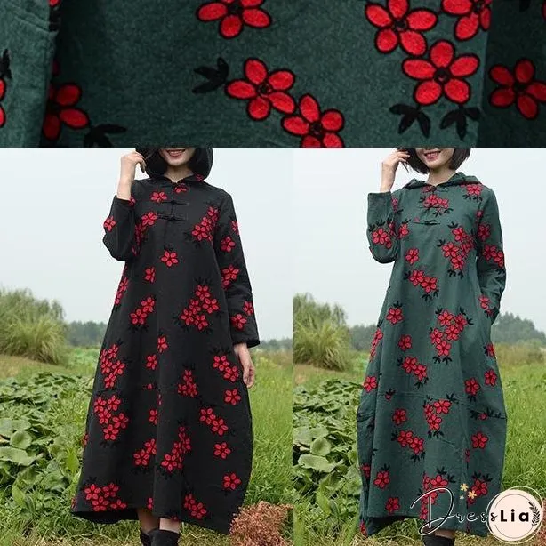 Women Black Embroidery Quilting Dresses Hooded Maxi Spring Dresses
