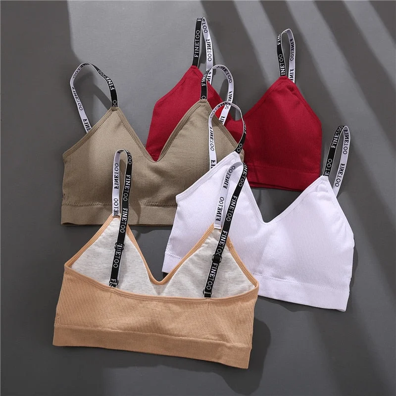 FINETOO Deep V Women Tops Fashion Letter Strap Bralette Girls Padded Bras M-2XL Plus Size Female Crop Top Ladies Sexy Lingerie