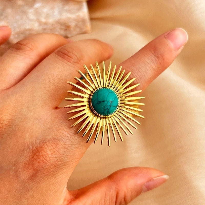 Casual Retro Minimalist Sun 304 Stainless Steel Turquoise 18K Gold Plated Inlay Open Rings