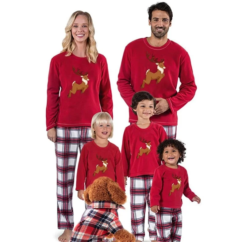Bear Papa&Mama Grey Top With Black&Red Plaid Pants Matching Pajamas