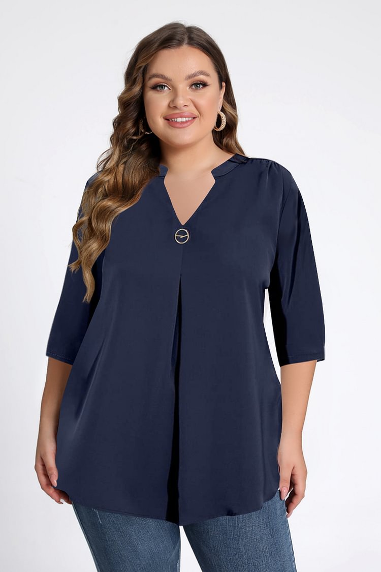 Flycurvy Plus Size Casual Navy Blue Stand Collar V Neck Half Sleeve Casual Blouse  flycurvy [product_label]